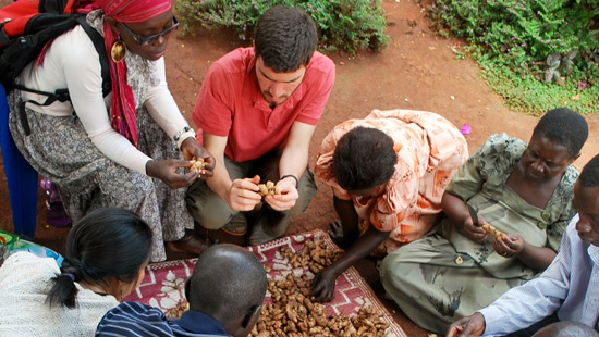 Northwestern student sorts a crop with villagers.